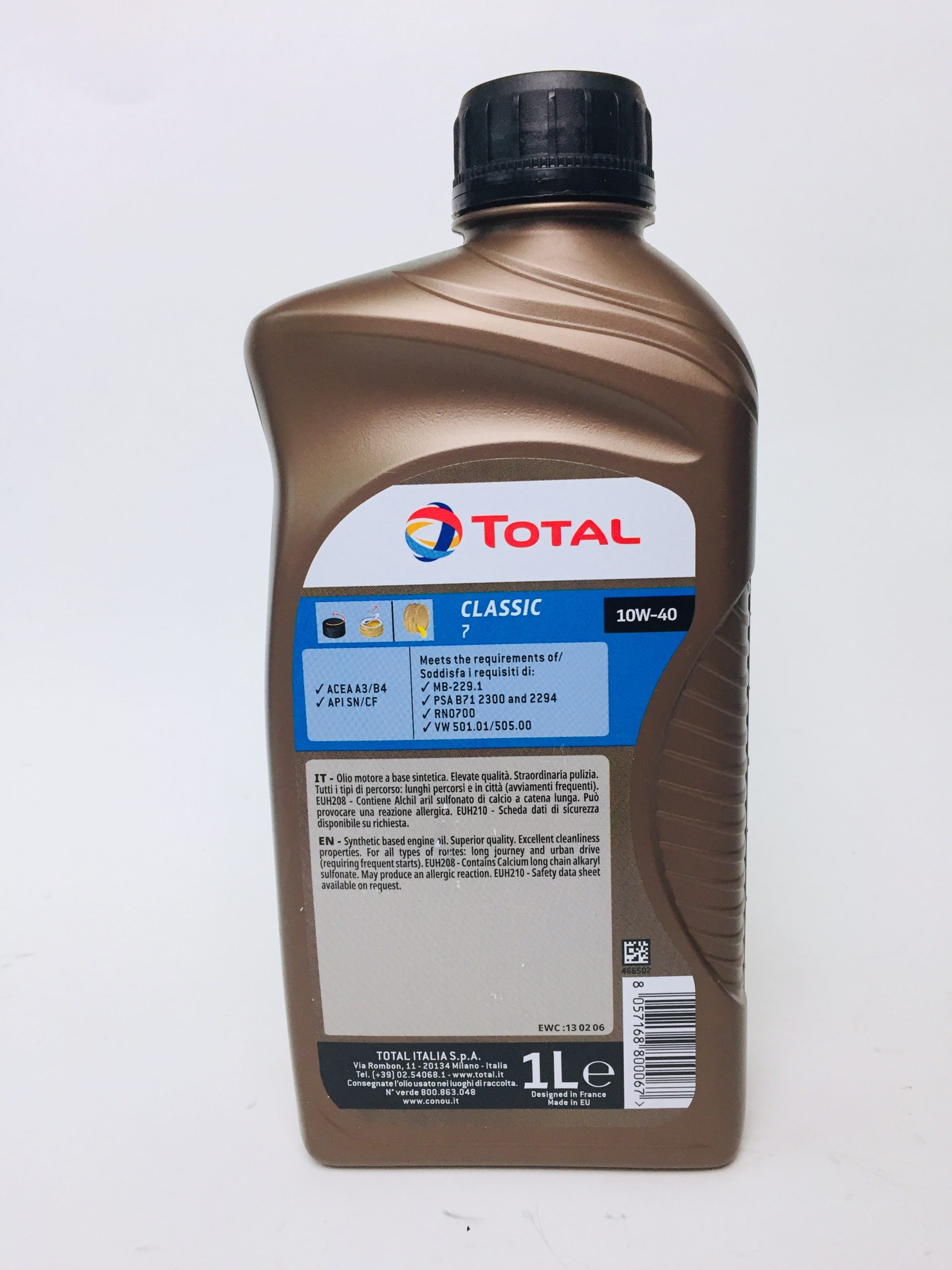 OLIO MOTORE TOTAL CLASSIC 10W40 SINTETICO PER AUTO BENZINA E DIESEL